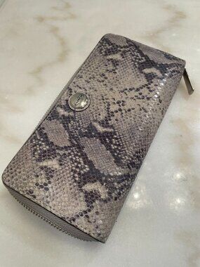 Coach Gray Snakeskin Leather Accordion Style Zip Around Wallet